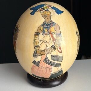 Vintage 1984 Decoupage African Ostrich Egg Art signed